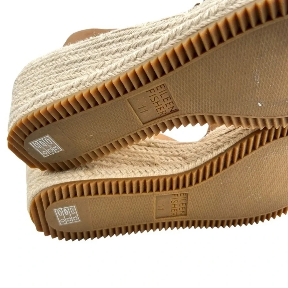 Eileen Fisher Tan Leather Espadrille‎ Wedge Sandals Ankle Strap Womens Size 11
